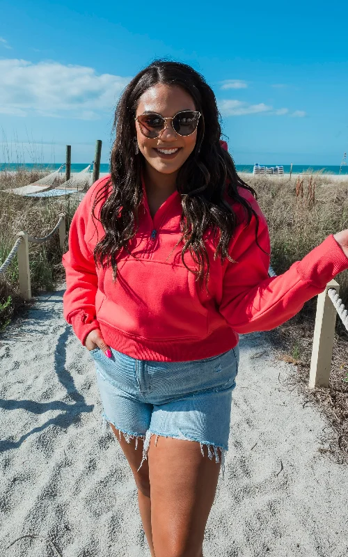 Weekend Deal The Ava Bright Coral 1/2 Zip Mock Neck Sweatshirt by Salty Wave*